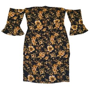 Lascana Mini Bodycon Dress Floral Black Orange Off the Shoulder Womens Size 6